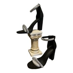 •Women's Fashion Zipper Chunky Heel Black Roman Sandals Crystal High Heels